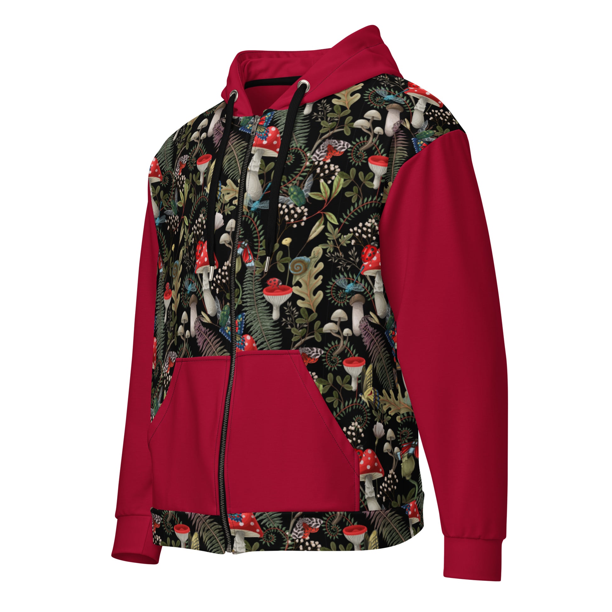 Unisex Zip Hoodie by Designed By Debz with dark mushroom forest print in red and black on white background.