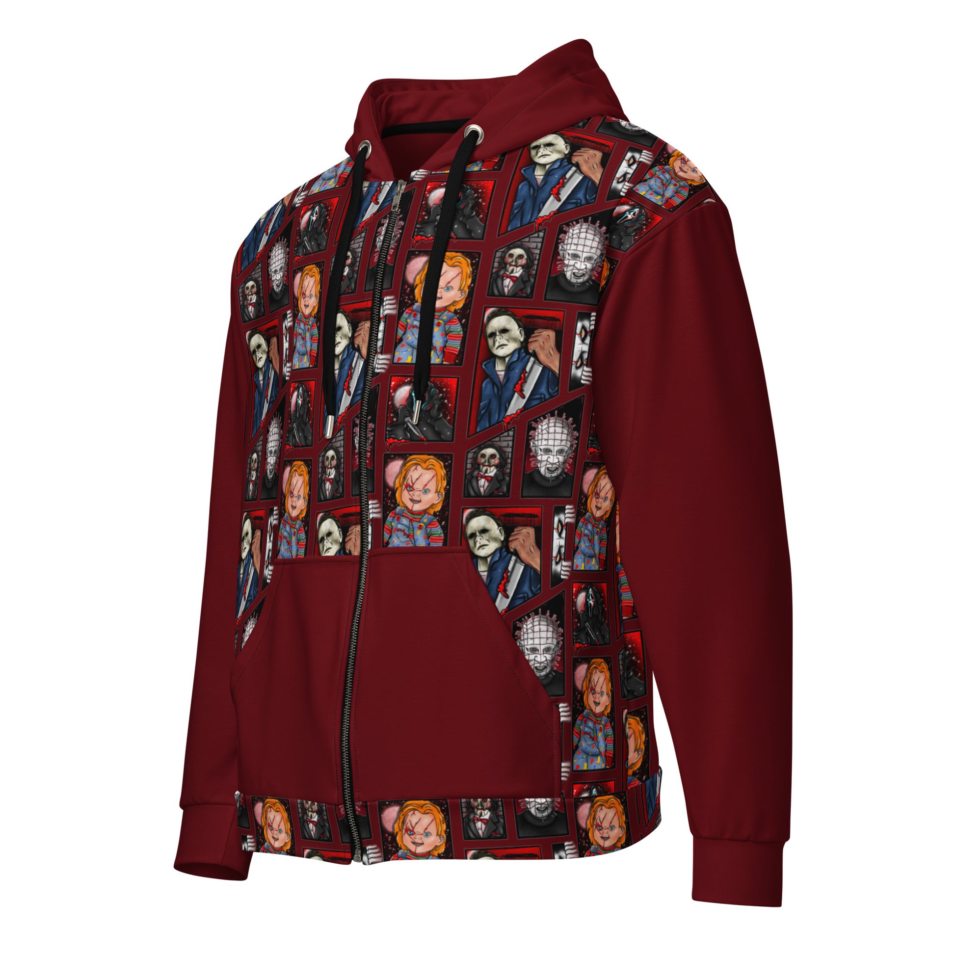White all-over-print Zip Hoodie by Printful featuring classic horror movie characters Chucky, Freddy, and Jason from Friday the 13th.