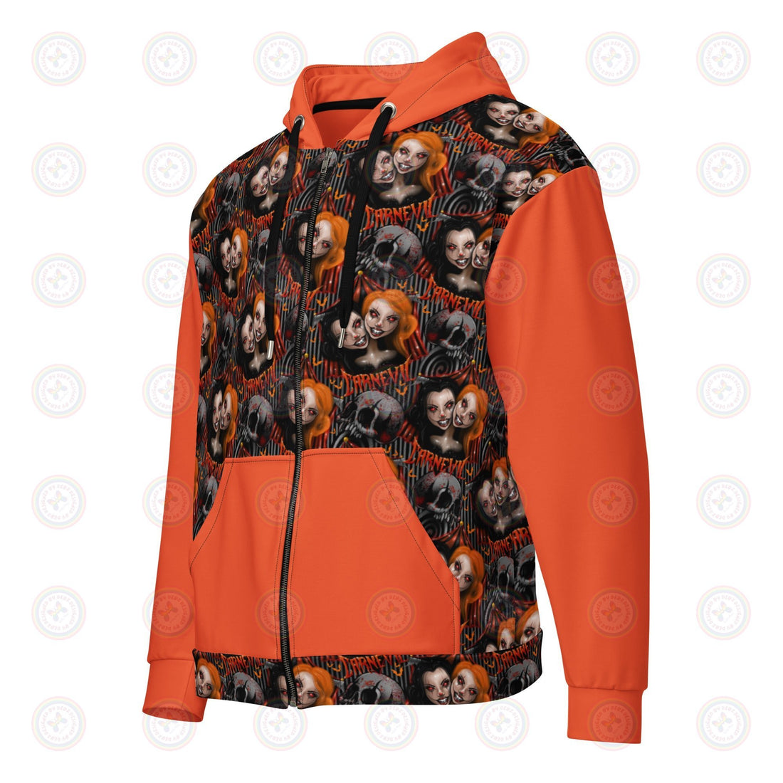 White Zip Hoodie by Printful featuring Carn-Evil two-headed clown gothic horror print on front, all-over recycled unisex design.