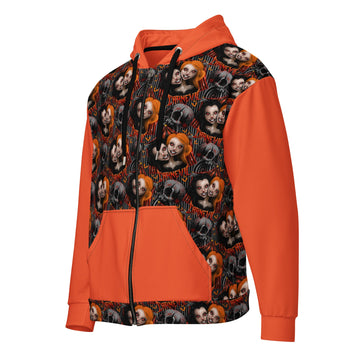 White Zip Hoodie by Printful featuring Carn-Evil two-headed clown gothic horror print on front, all-over recycled unisex design.