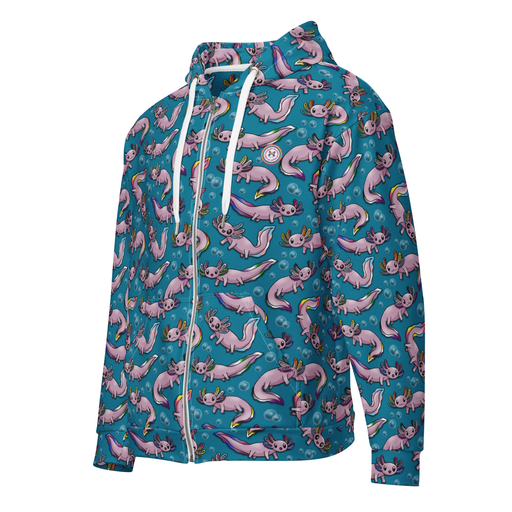 White unisex zip hoodie by Wilde Mode featuring a colorful rainbow pride axolotl kawaii print on the front.