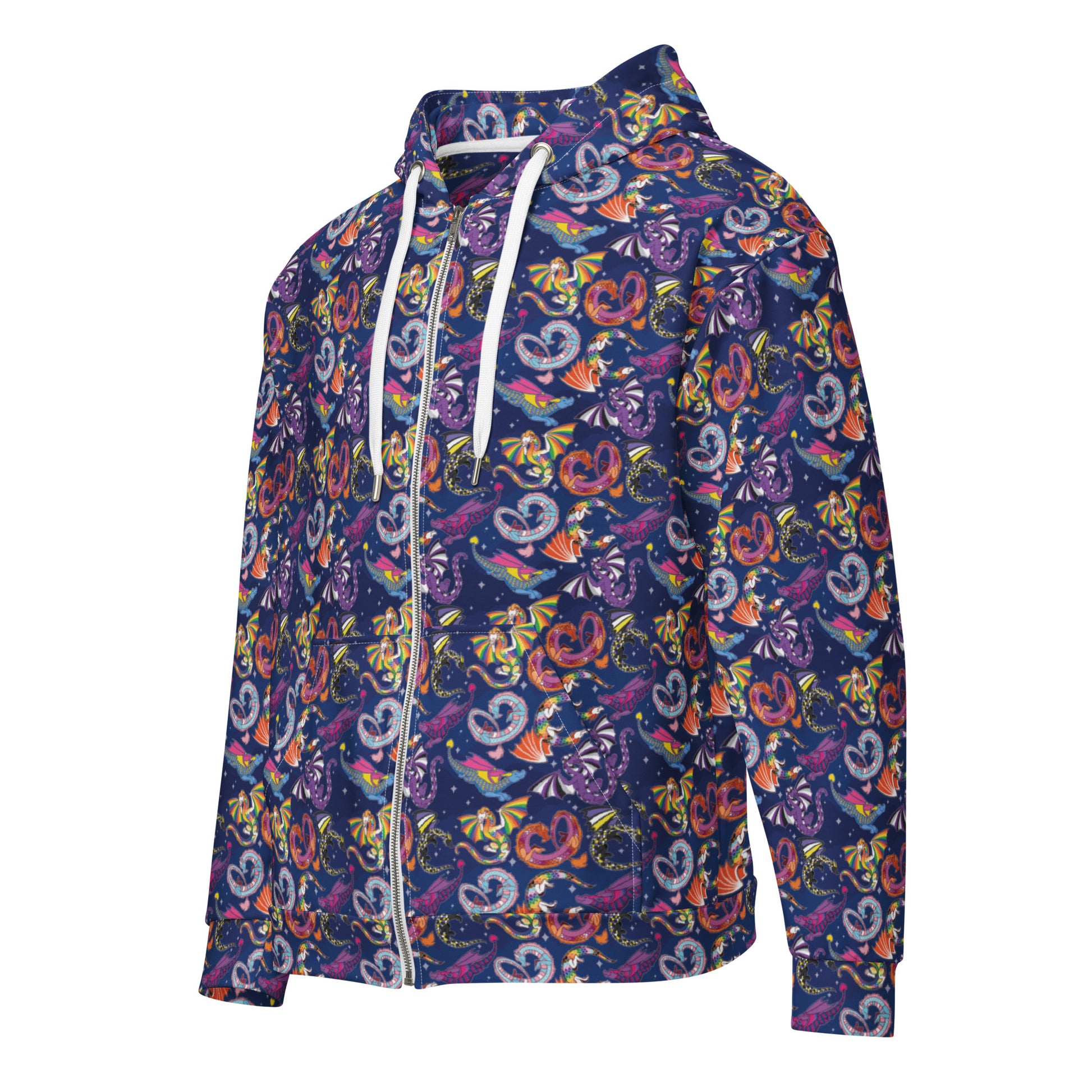 White zip hoodie with Pride Dragons LGBTQ+ design, all-over print, unisex style by Wilde Mode x Pin and Tonic, made from recycled materials.