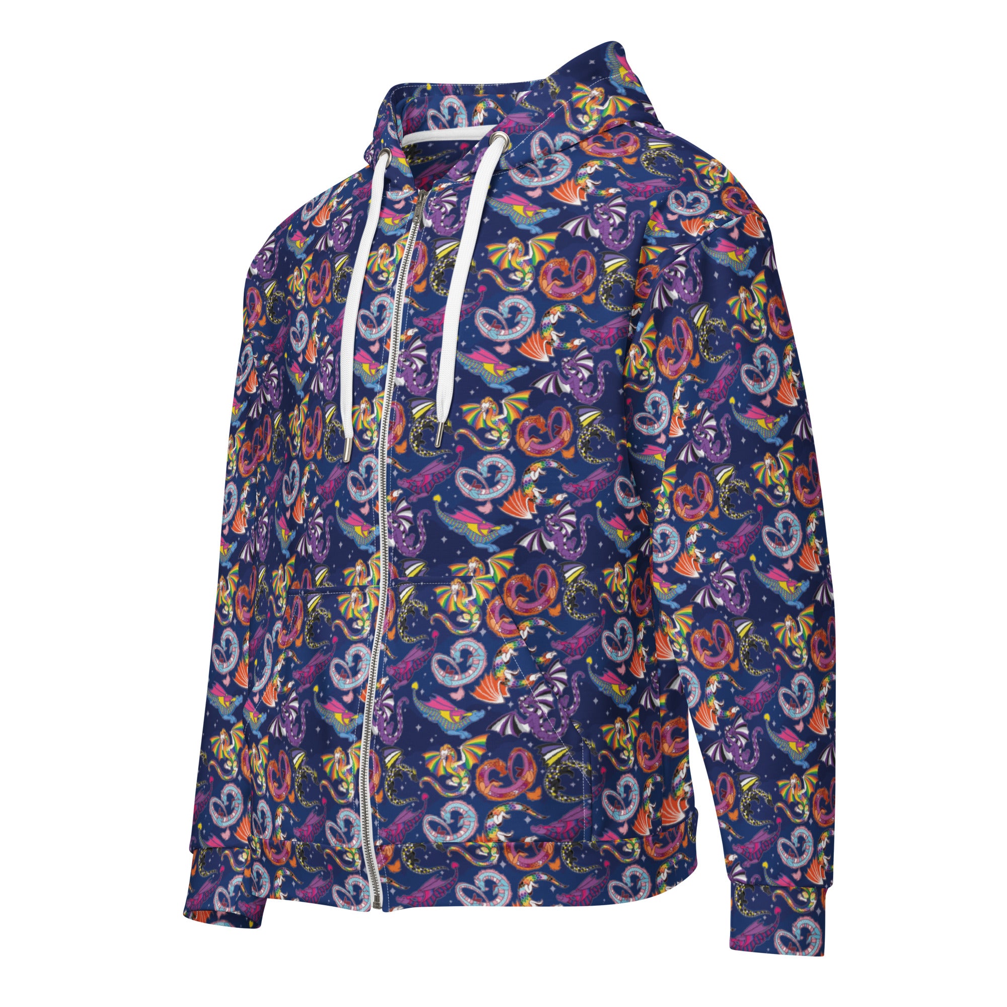White zip hoodie with Pride Dragons LGBTQ+ design, all-over print, unisex style by Wilde Mode x Pin and Tonic, made from recycled materials.