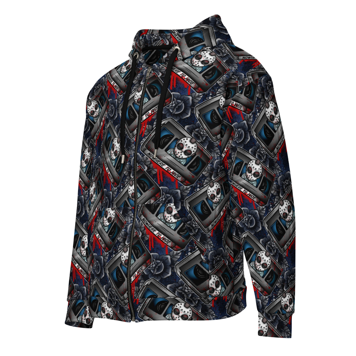 A hooded zip-up jacket featuring an all-over graphic print of cassette tapes, skulls, and gears in black, gray, white, and red, shown on a plain white background.