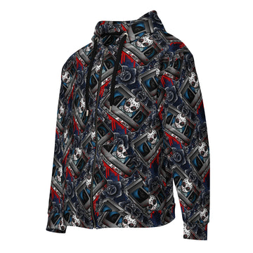 A hooded zip-up jacket featuring an all-over graphic print of cassette tapes, skulls, and gears in black, gray, white, and red, shown on a plain white background.