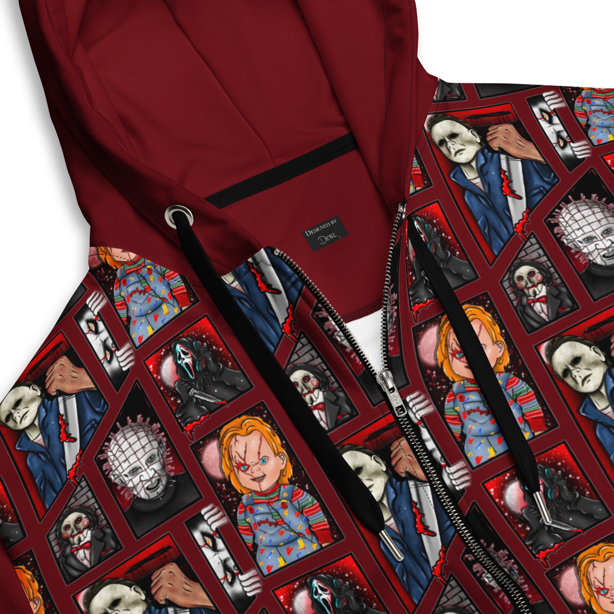 Unisex white zip hoodie featuring all-over horror movie character prints of Chucky, Freddy, and Jason from Friday the 13th by Printful.