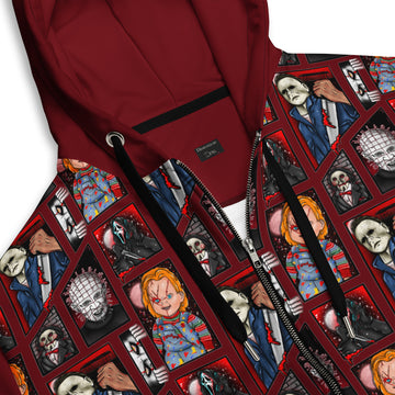 Unisex white zip hoodie featuring all-over horror movie character prints of Chucky, Freddy, and Jason from Friday the 13th by Printful.