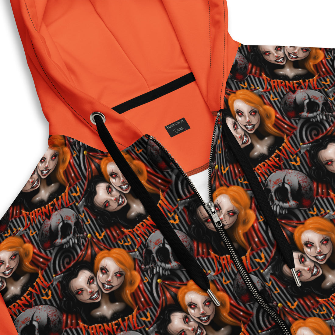 White unisex zip hoodie by Printful featuring a gothic horror print of a two-headed clown from Carn-Evil.