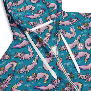White unisex zip hoodie by Wilde Mode featuring a kawaii rainbow pride axolotl all-over print on recycled fabric.