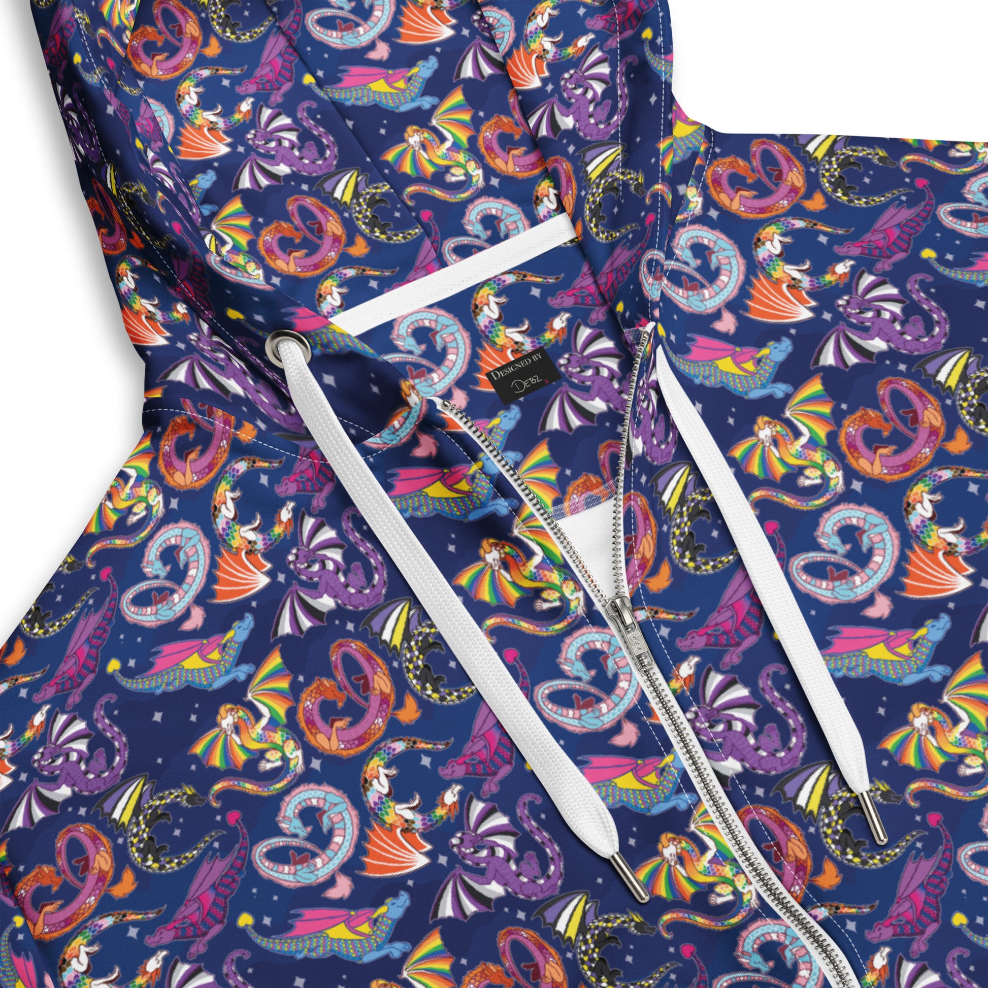 White unisex Zip Hoodie from Wilde Mode x Pin and Tonic featuring all-over Pride Dragons LGBTQ+ design.