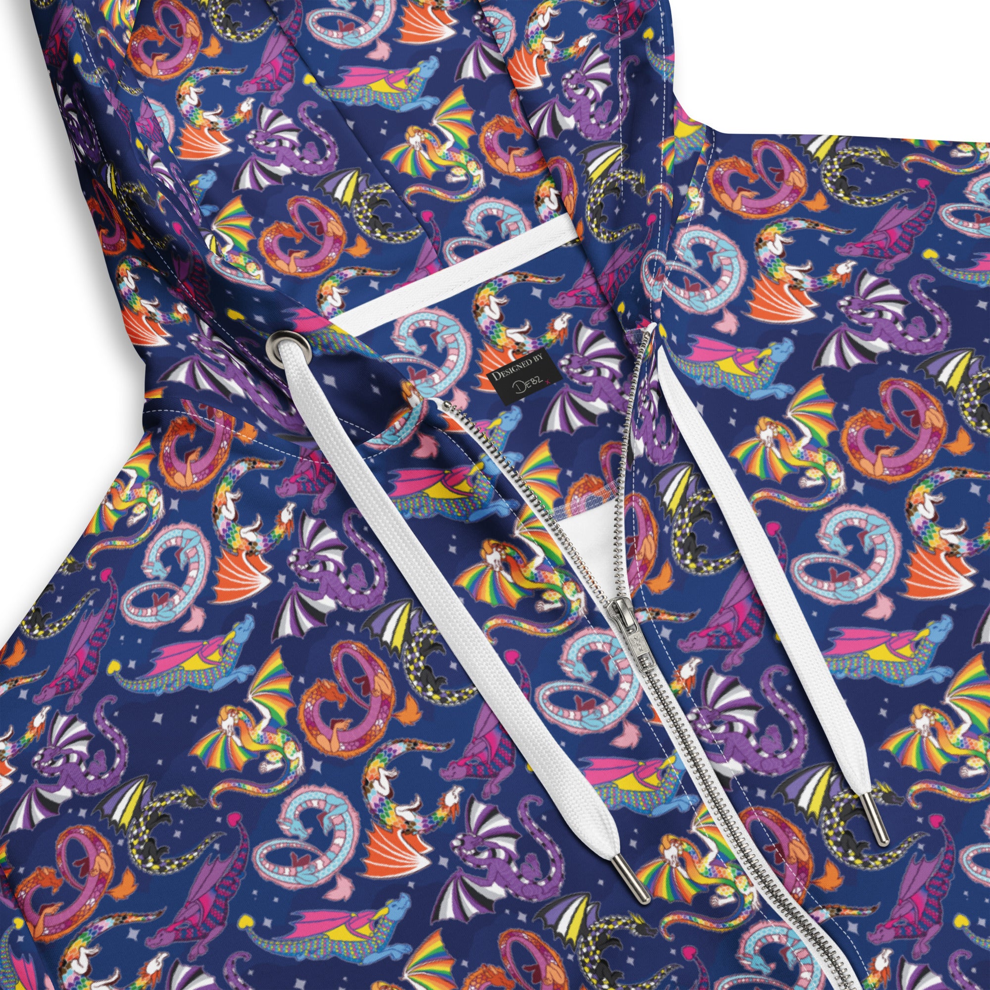 White unisex Zip Hoodie from Wilde Mode x Pin and Tonic featuring all-over Pride Dragons LGBTQ+ design.