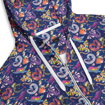 White unisex Zip Hoodie from Wilde Mode x Pin and Tonic featuring all-over Pride Dragons LGBTQ+ design.