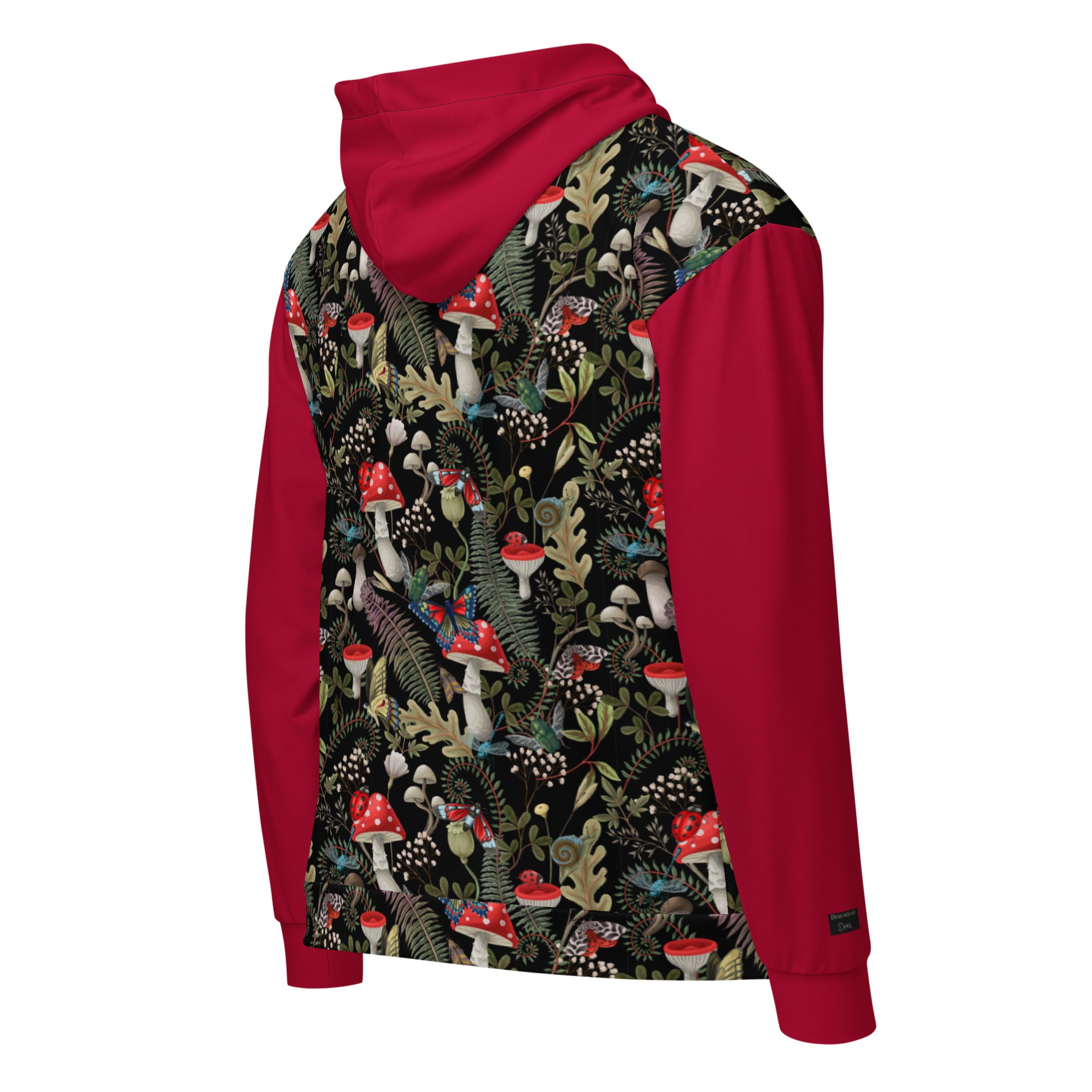 Unisex zip hoodie by Designed By Debz with dark mushroom forest print in red and black on a white background.