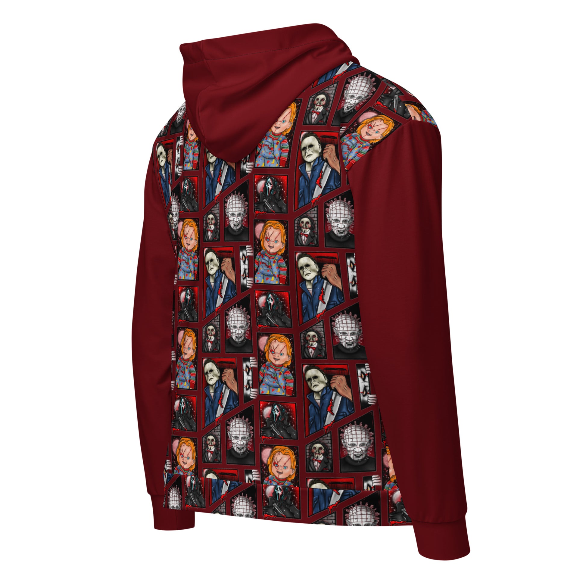 White unisex Zip Hoodie by Printful with all-over horror movie character prints featuring Chucky, Freddy, and Jason from Friday the 13th.