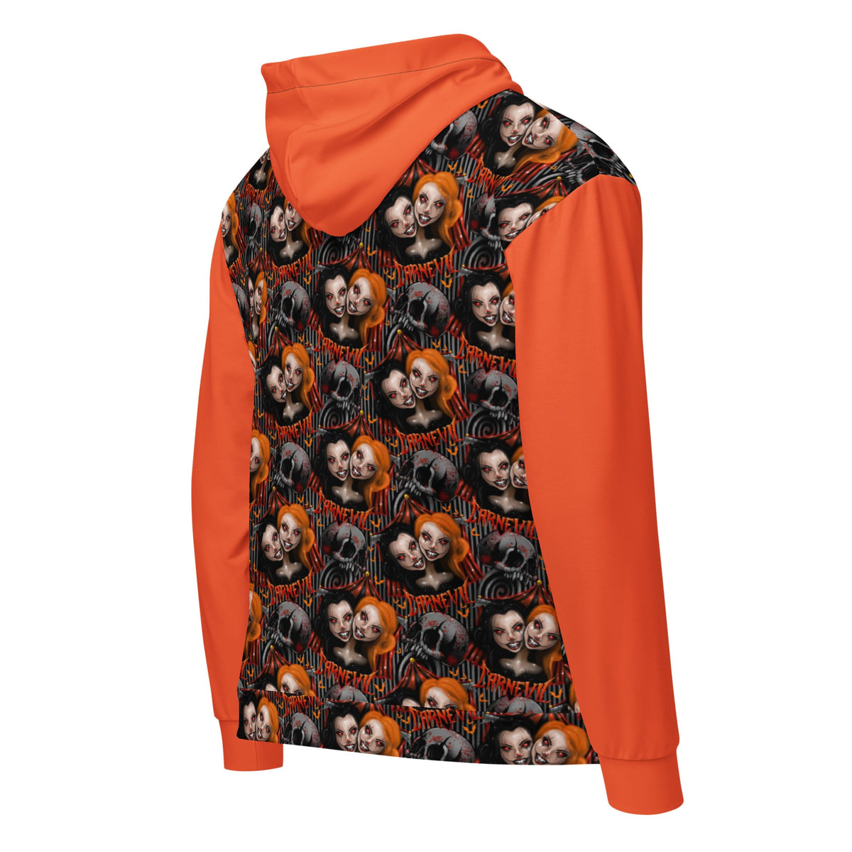 White Printful Zip Hoodie featuring gothic horror print of a two-headed clown from Carn-Evil design, all-over recycled unisex style.
