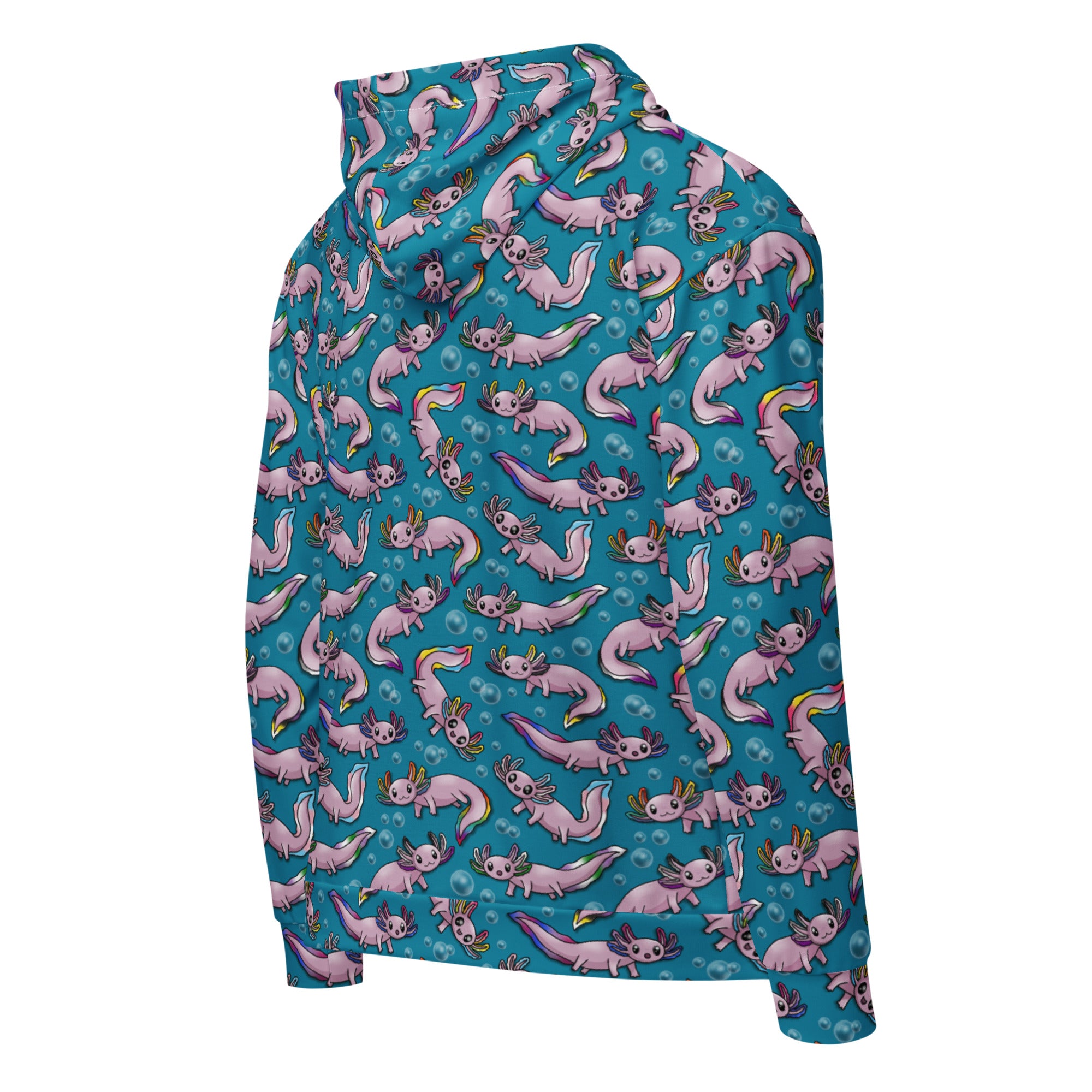 White Wilde Mode Pride Axolotl zip hoodie with kawaii rainbow print, all-over recycled fabric, unisex casual hoodie.