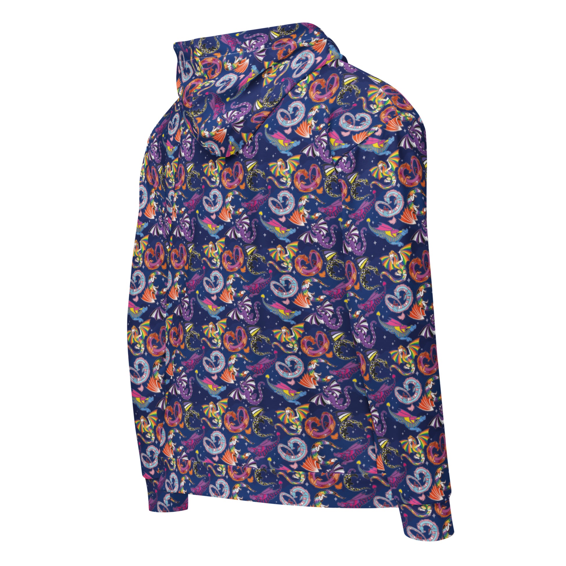 White Zip Hoodie by Wilde Mode x Pin and Tonic featuring Pride Dragons LGBTQ+ design on all-over recycled print, unisex style.