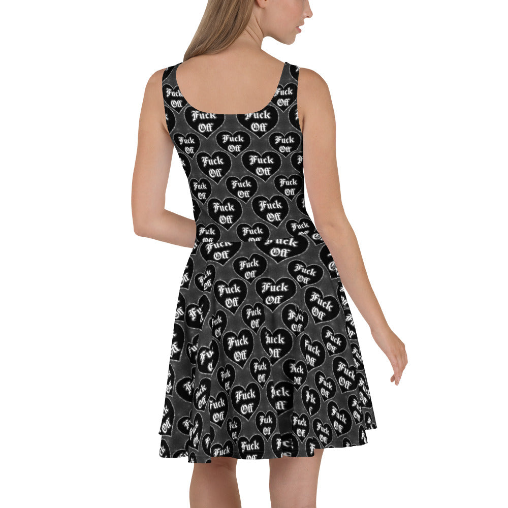 White all-over-print skater dress by Printful featuring bold "Fuck Off" design on a stylish dress.