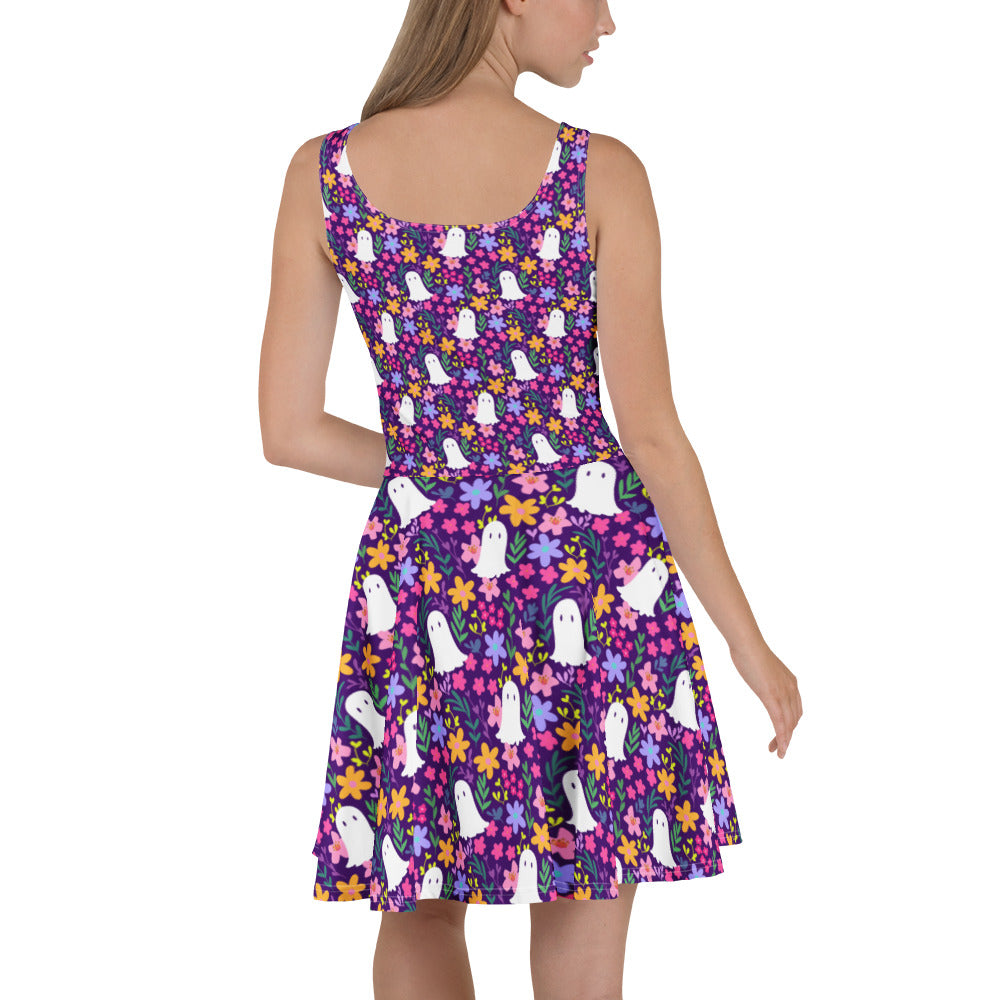 White Summer Boo Skater Dress by Printful featuring an all-over print, fitted waist, and flared skirt, perfect for warm weather.
