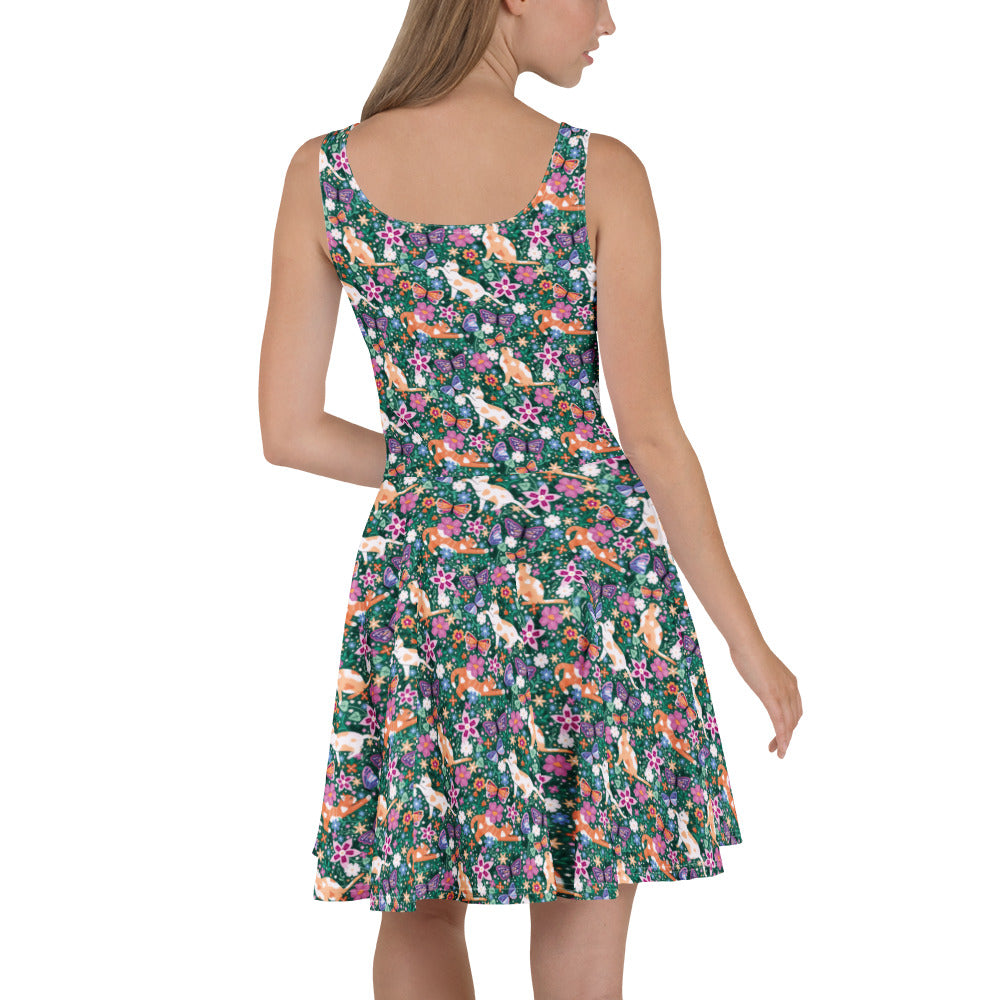 White Garden Familiar Skater Dress by Printful featuring cats and butterflies with all-over floral print.