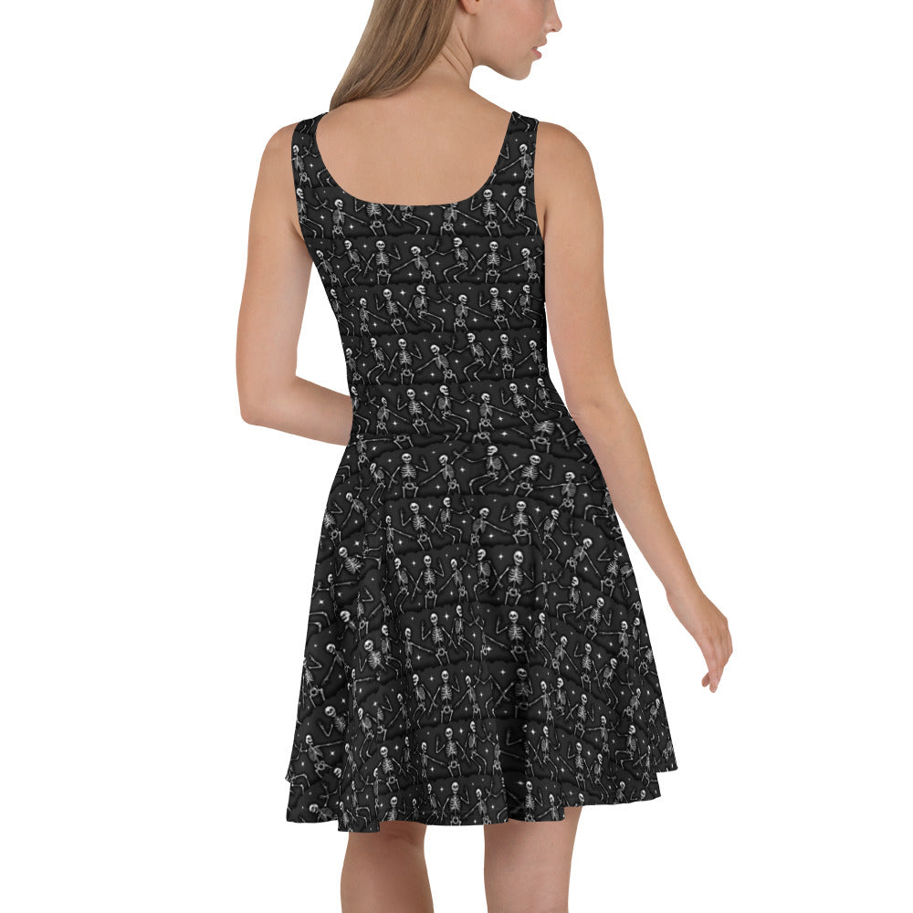 White Bone Dance skater dress by Printful featuring an all-over print design, shown from the back view.