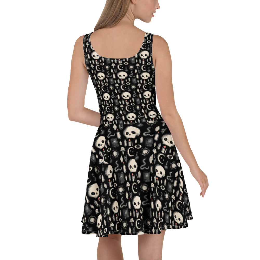 Dark Occult Skater Dress by Printful featuring skulls, snakes, and toadstools print on a white background.