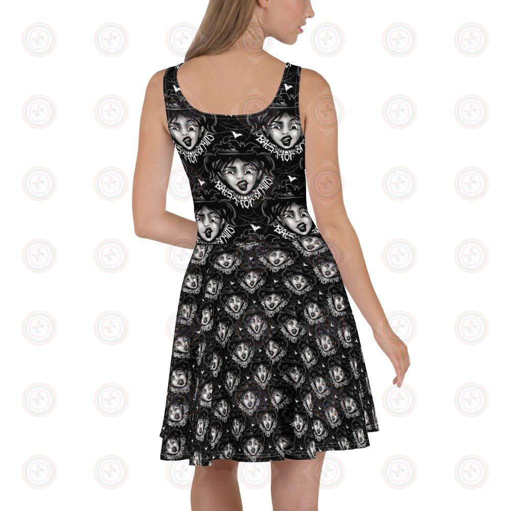 Recycled white skater dress with all-over bat print from Printful, featuring a fitted waist and flared skirt design.