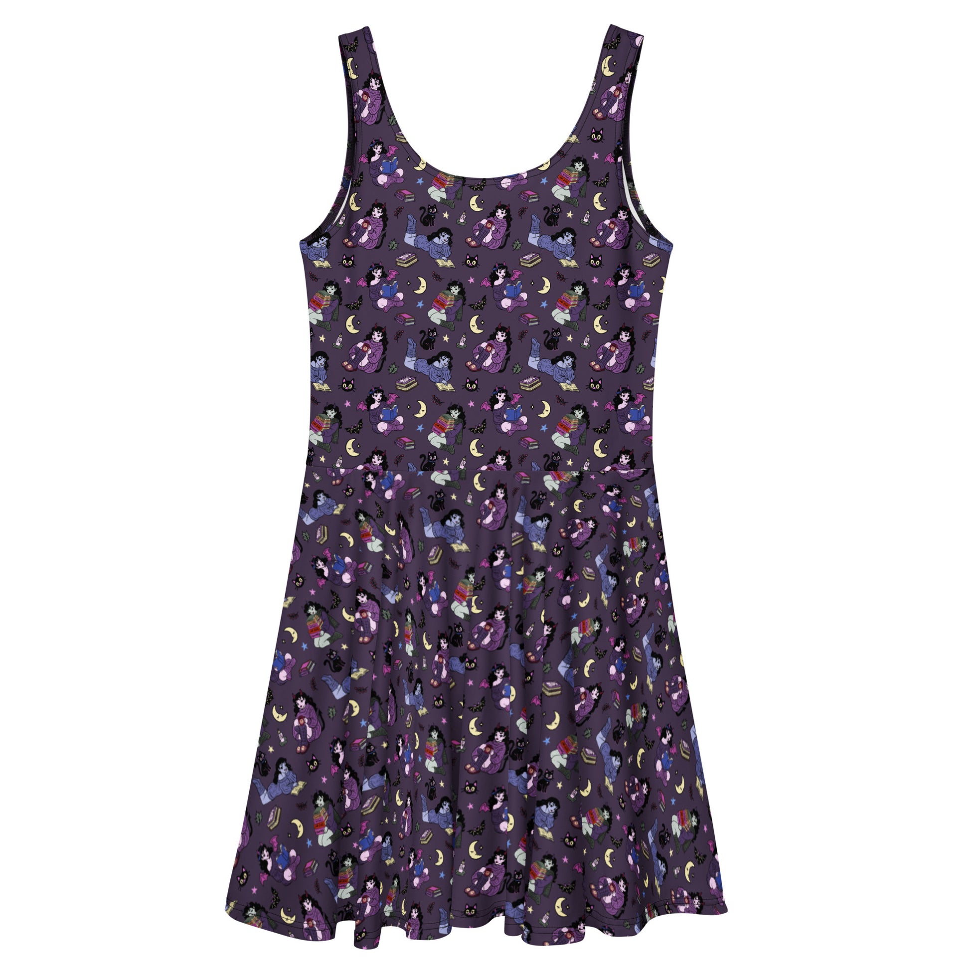 Printful Books, Bats, and Cats skater dress featuring an all-over print with playful book, bat, and cat illustrations on a white background.