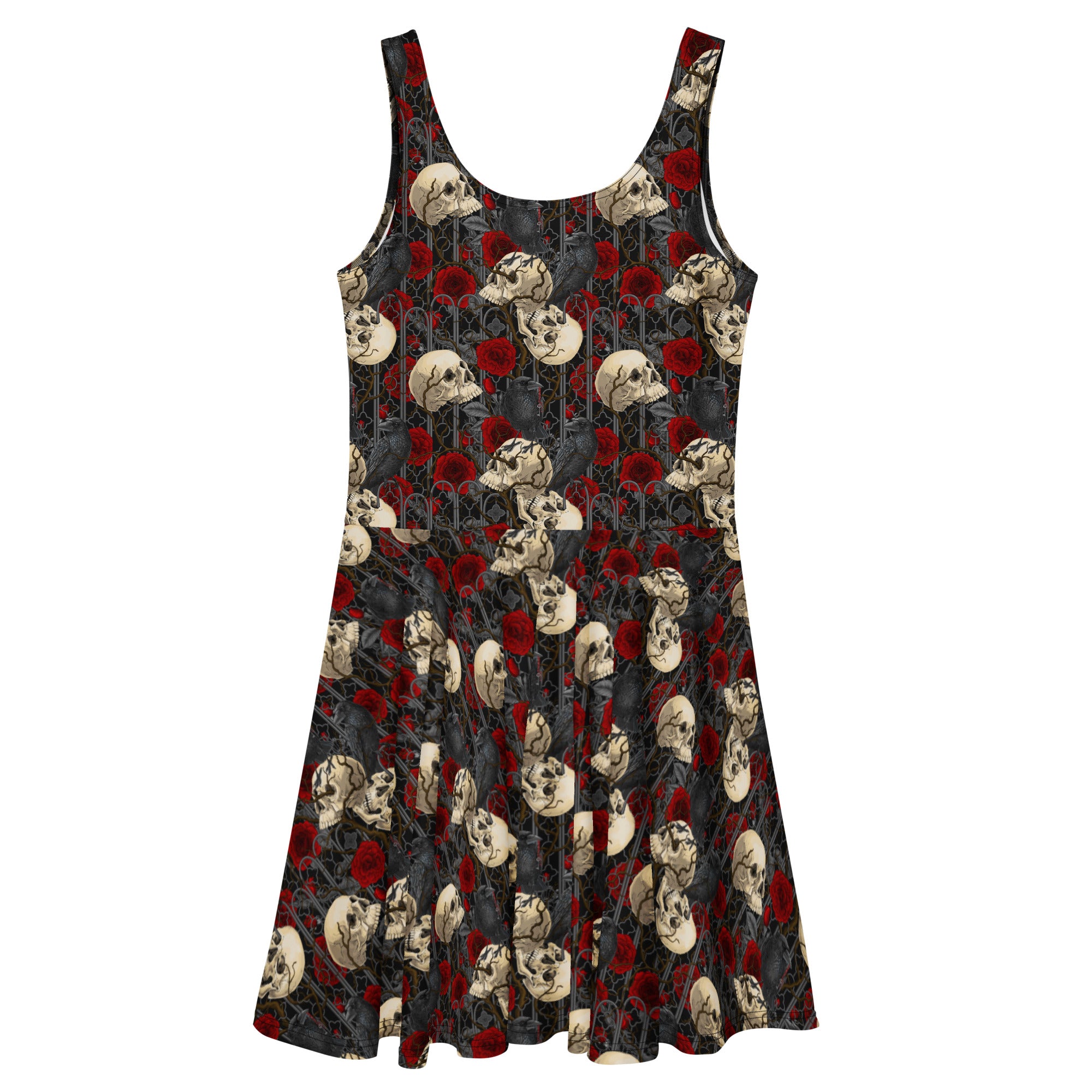 White Murder of Crows skater dress by Debz x Katerina Mitkova, featuring all-over crow print and a fitted, flared style.