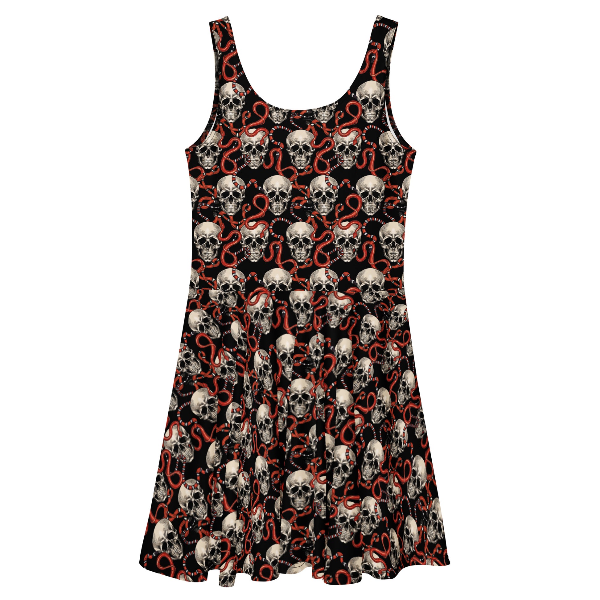Black Gothic print skater dress with skulls and red snakes, made in Latvia, featuring an all-over pattern on a white background.