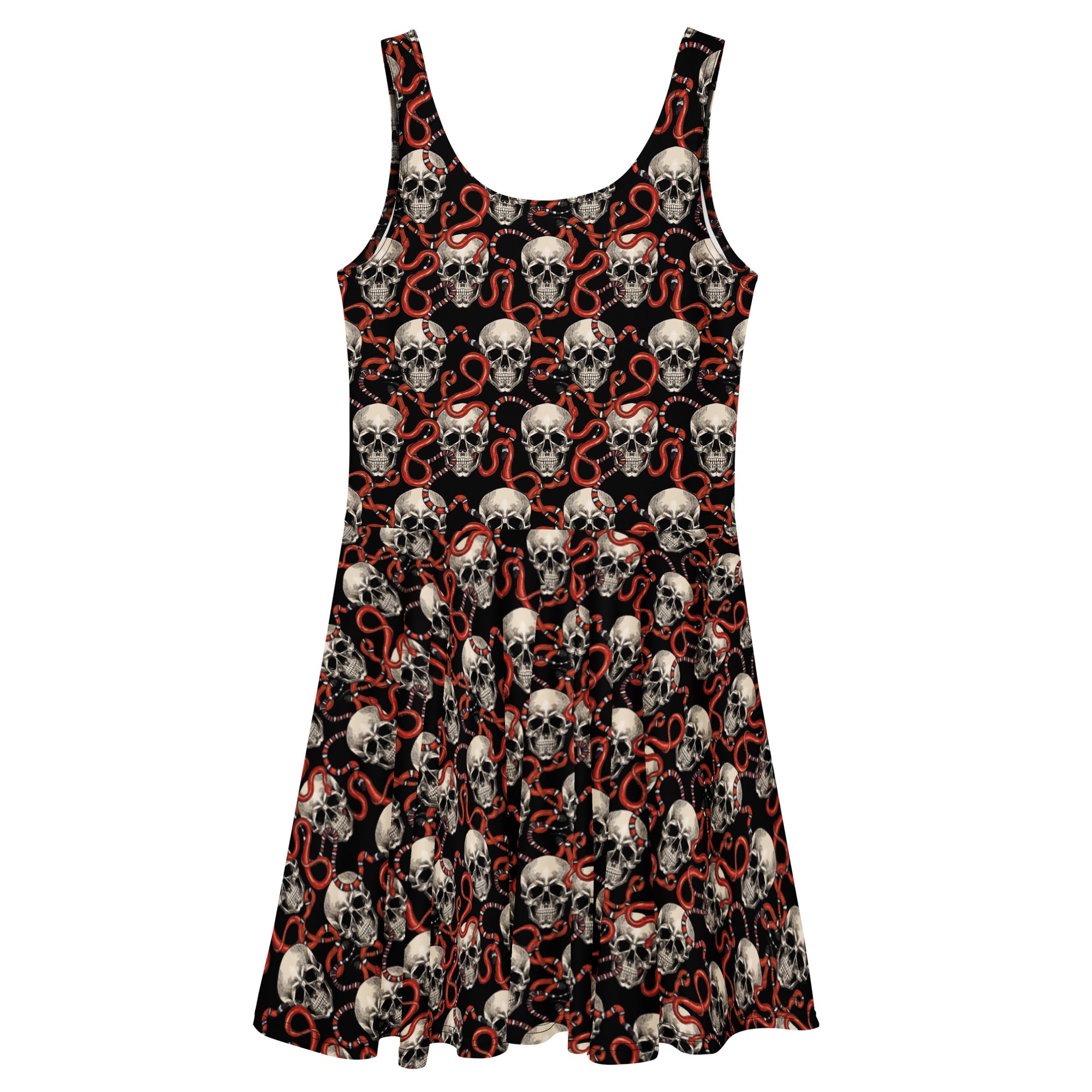 Black Gothic print skater dress with skulls and red snakes, made in Latvia, featuring an all-over pattern on a white background.