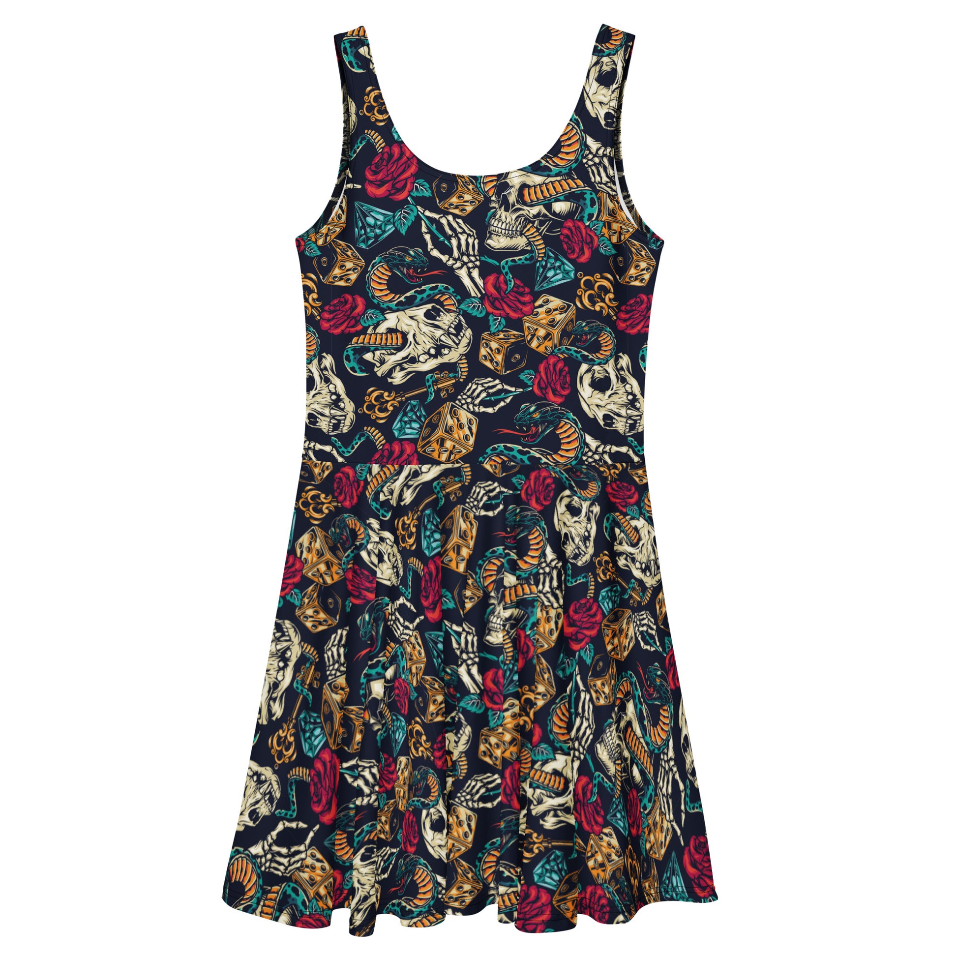 Dark navy skater dress by Printful featuring skulls, roses, and snakes gothic print, shown from the back in all-over design.
