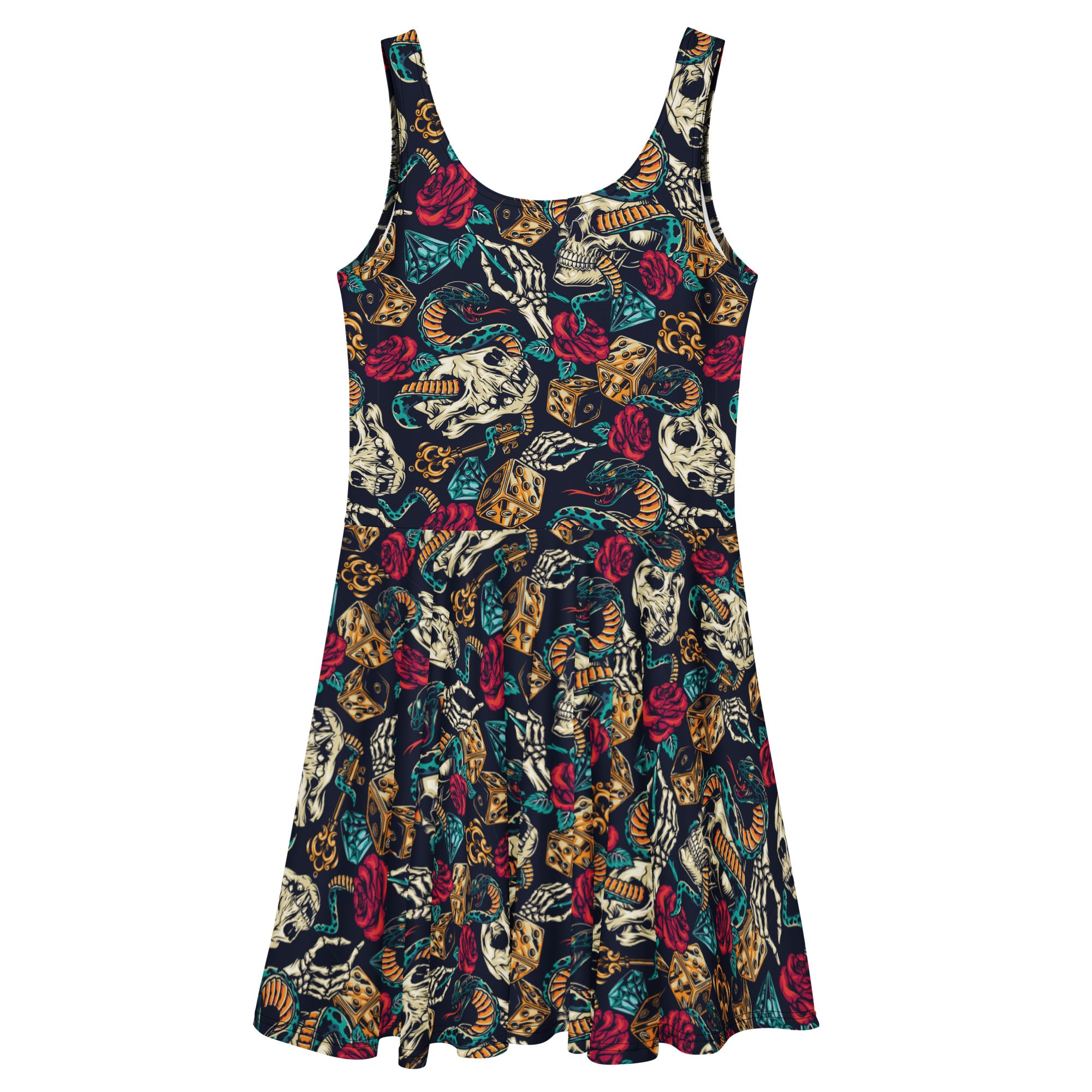 Dark navy skater dress by Printful featuring skulls, roses, and snakes gothic print, shown from the back in all-over design.