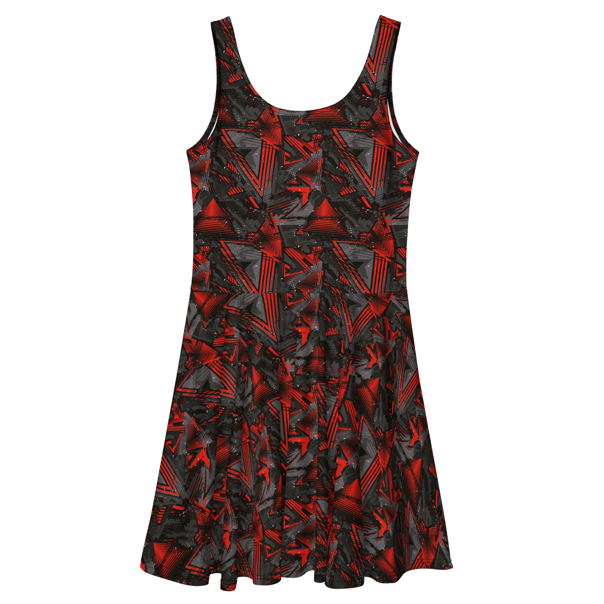 Red and black geometric abstract print skater dress by Printful, shown from the back on a white background.