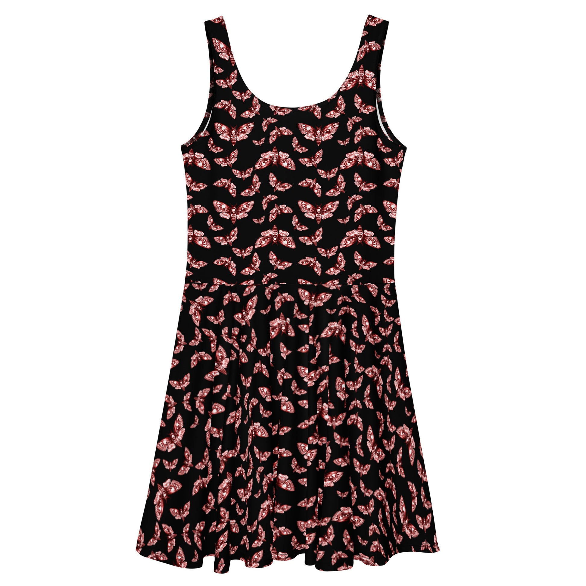 Gothic death head moth print skater dress from Printful in red and black, shown from the back with all-over moth design.