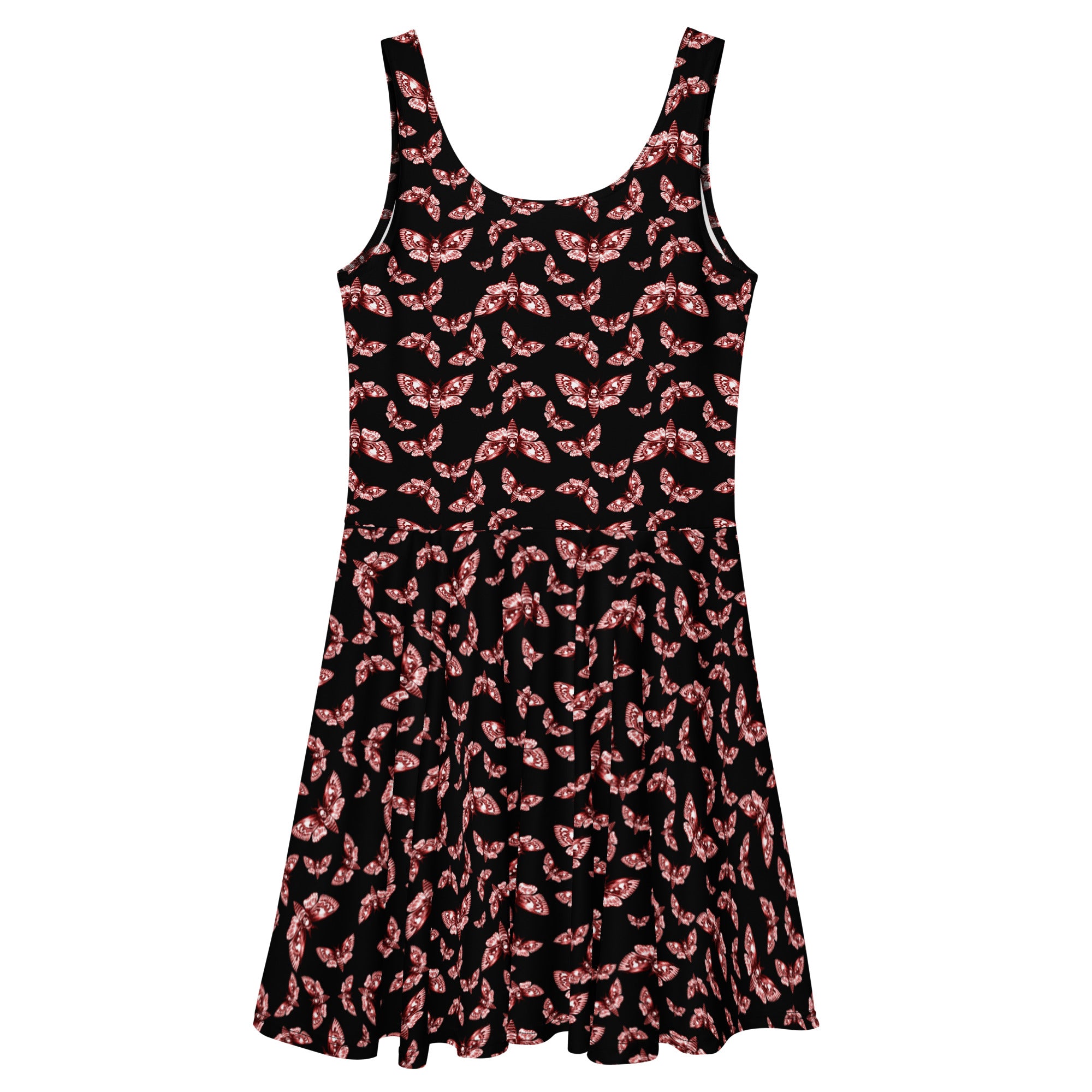 Gothic death head moth print skater dress from Printful in red and black, shown from the back with all-over moth design.