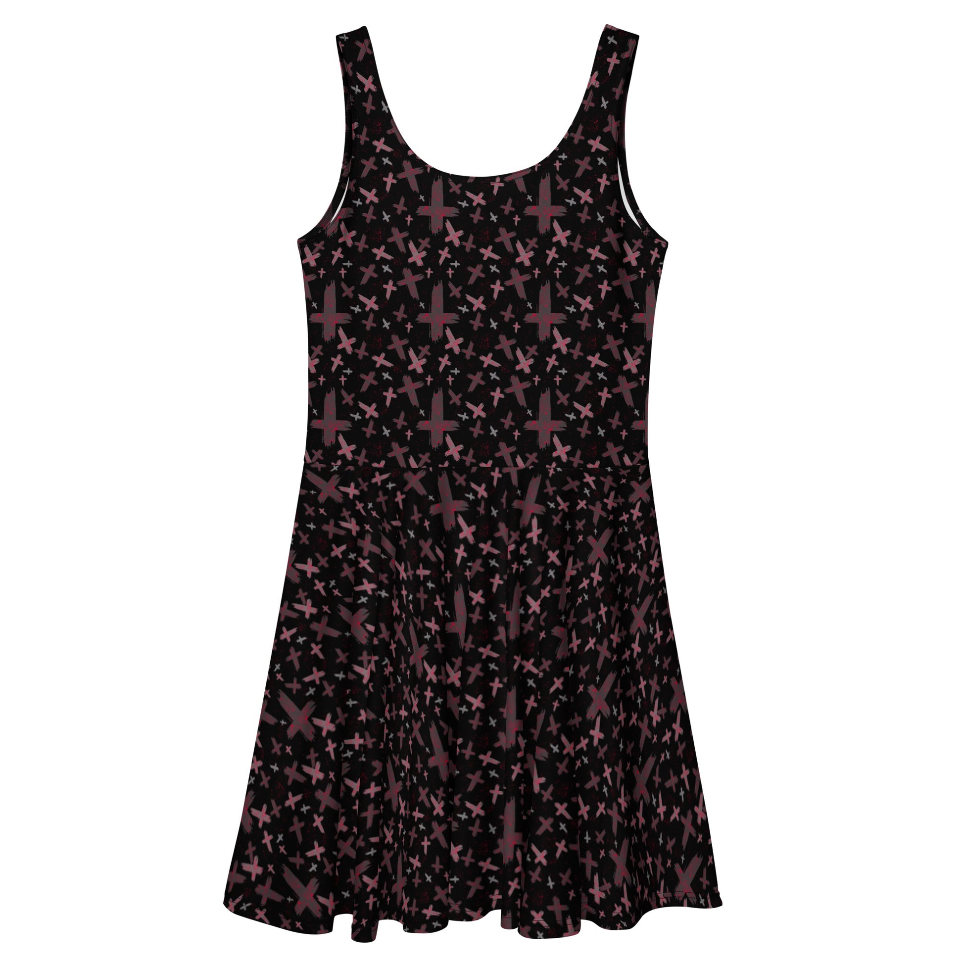 Red and black gothic print skater dress with inverted cross design, made in Latvia, featuring an all-over print on a white background.