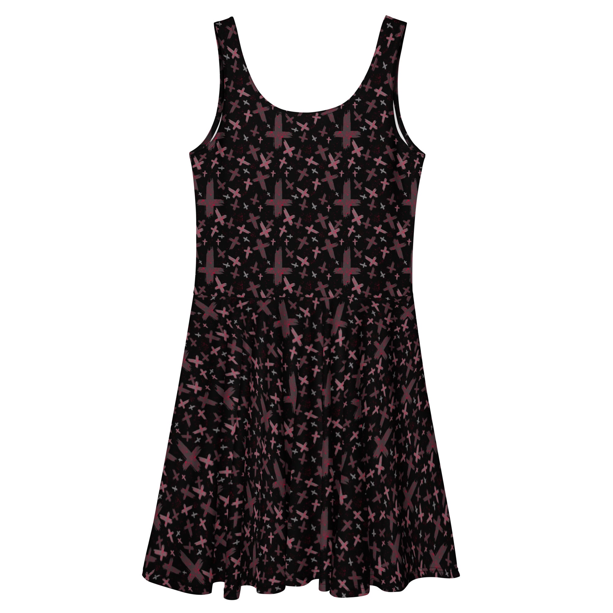 Red and black gothic print skater dress with inverted cross design, made in Latvia, featuring an all-over print on a white background.