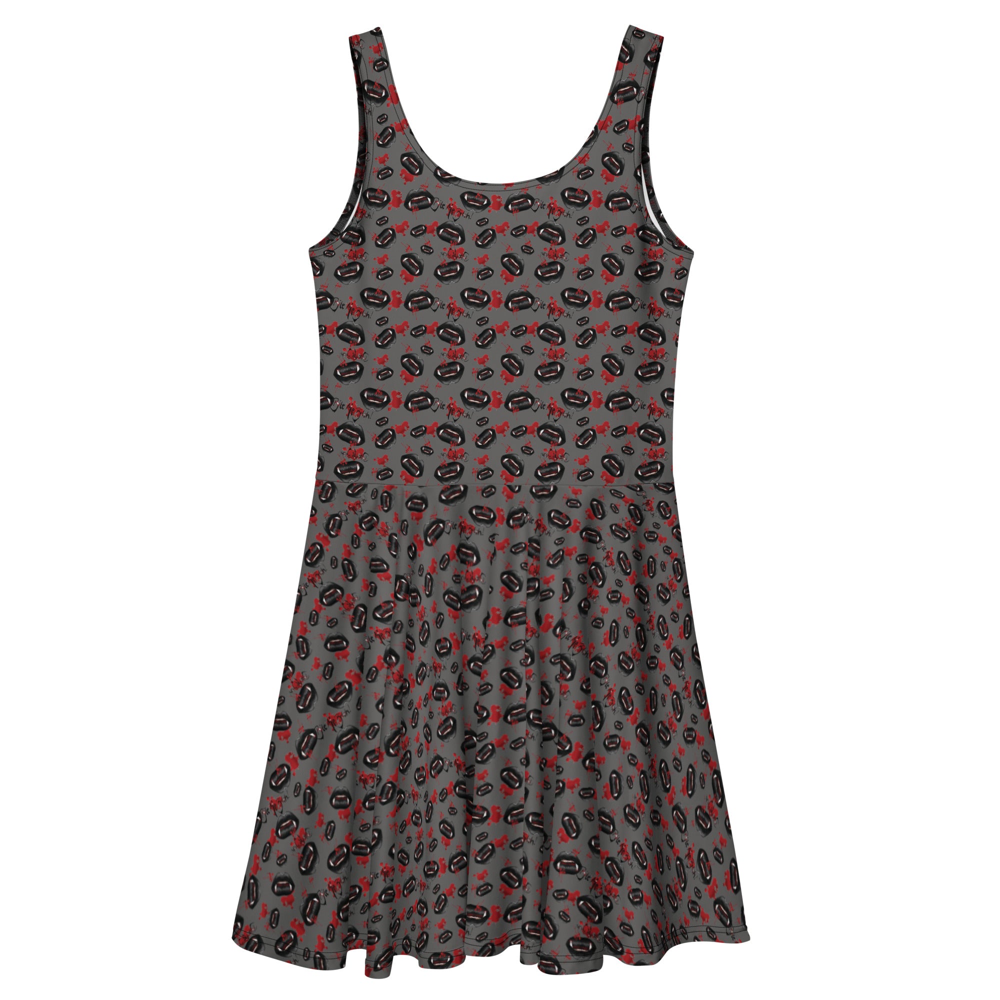 Black skater dress by Bite Me featuring Buffy tribute with lips and blood print, made in Latvia, all-over graphic design.