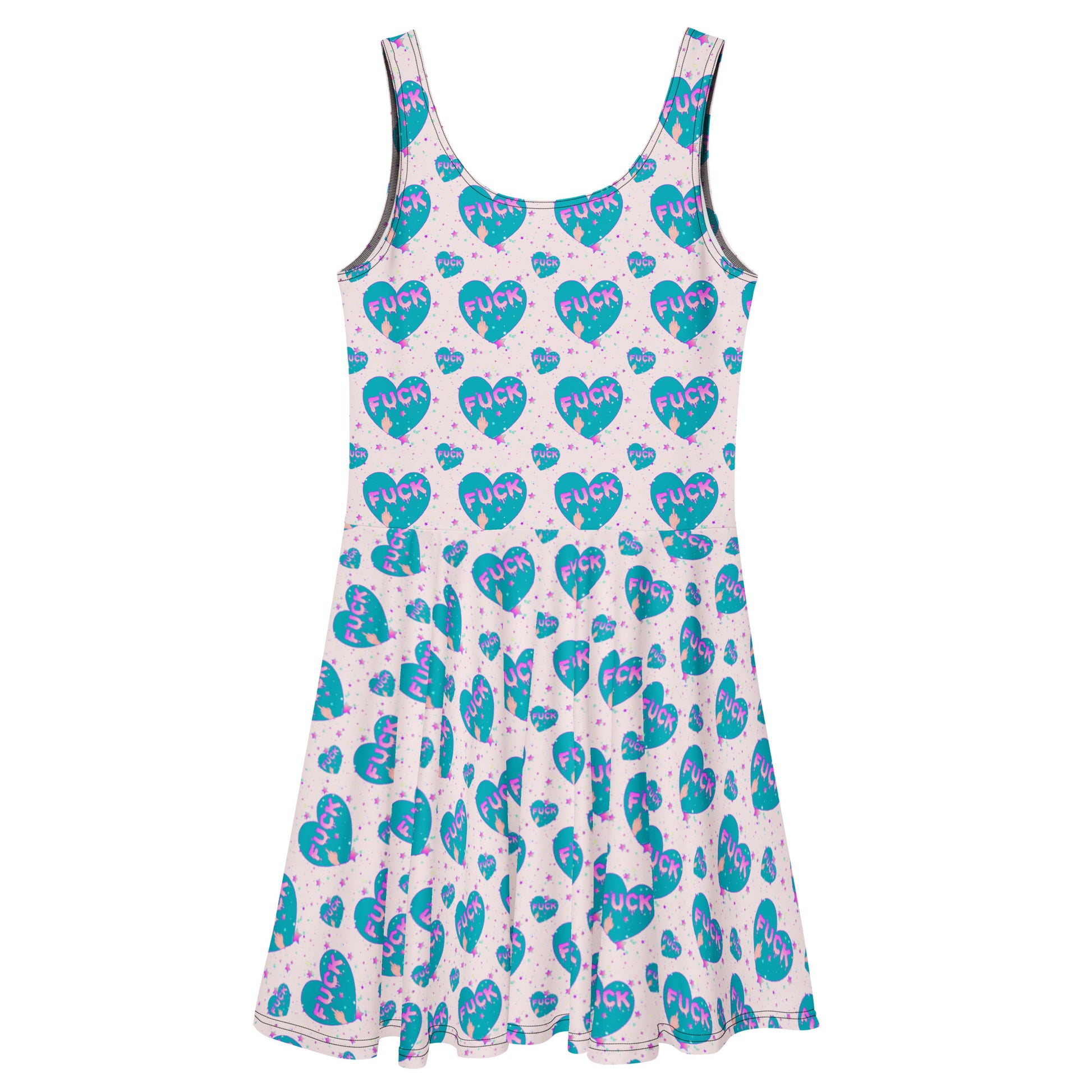 Pink and turquoise print skater dress by Sweet F You, made in Latvia, with a vibrant all-over pattern and a white back.