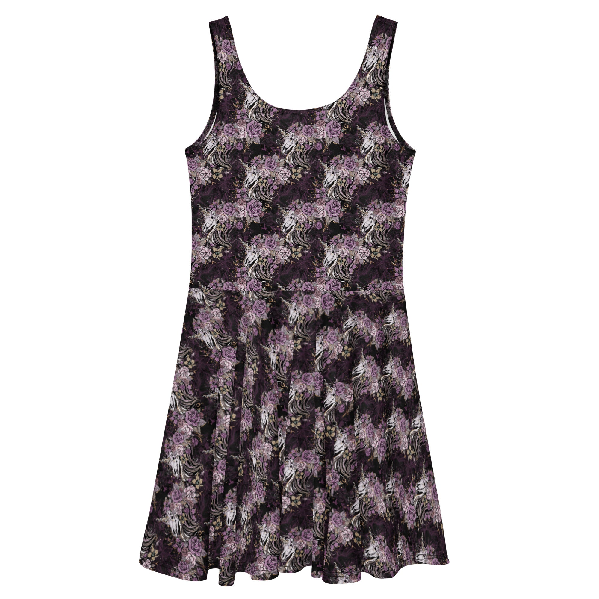 Dark purple floral unicorn skulls skater dress by Printful, all-over print, with a white back and fitted style.