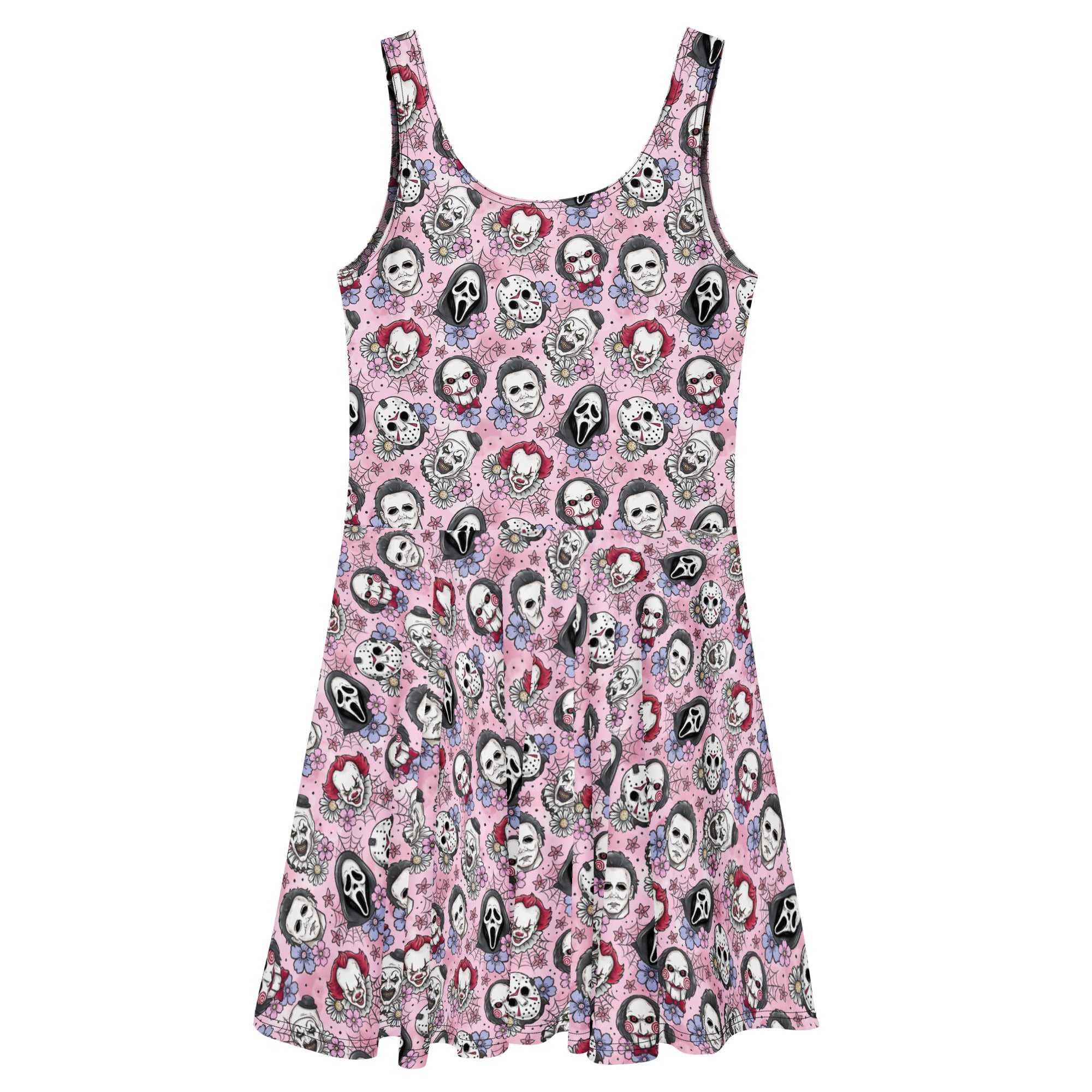 Printful skater dress featuring classic horror movie villains in pink and black print on white background, made in Latvia.