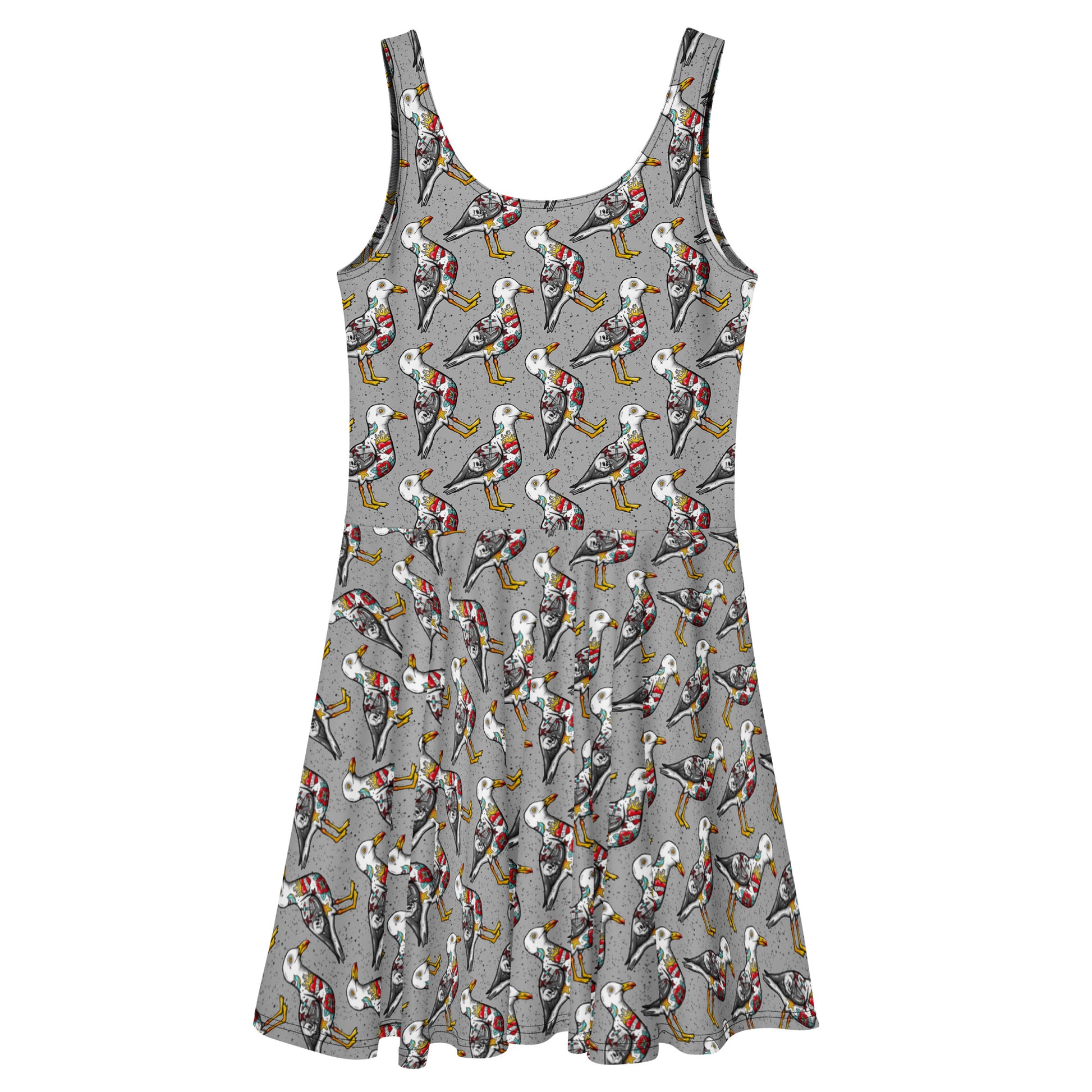 Grey Nautigul tattooed seagull print skater dress by Printful, featuring all-over seagull design on white background.