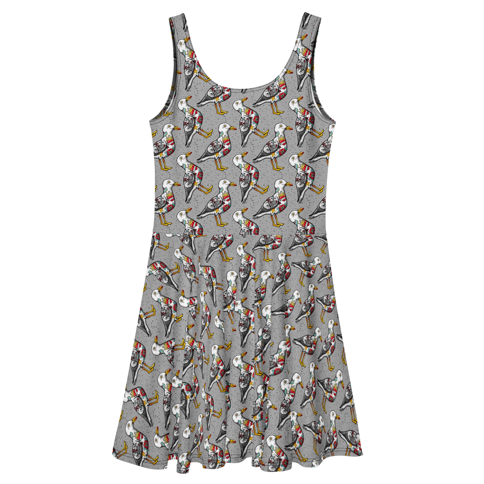 Grey Nautigul tattooed seagull print skater dress by Printful, featuring all-over seagull design on white background.