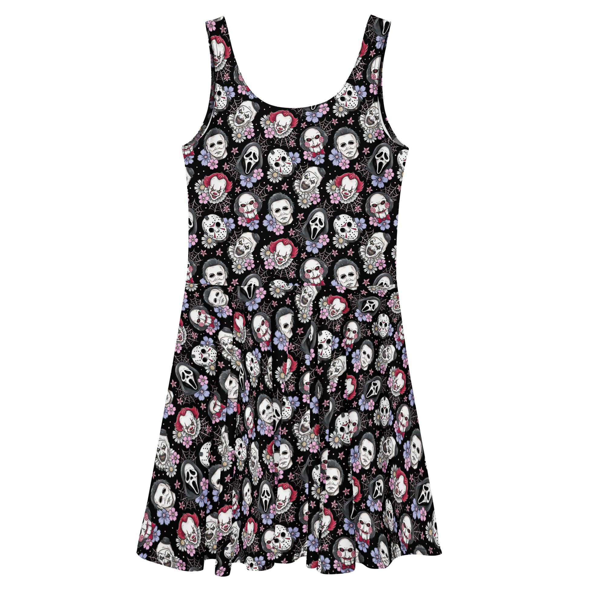 Black and pink horror movie villain skater dress with graphic print, made in Latvia, featuring a stylish all-over pattern.