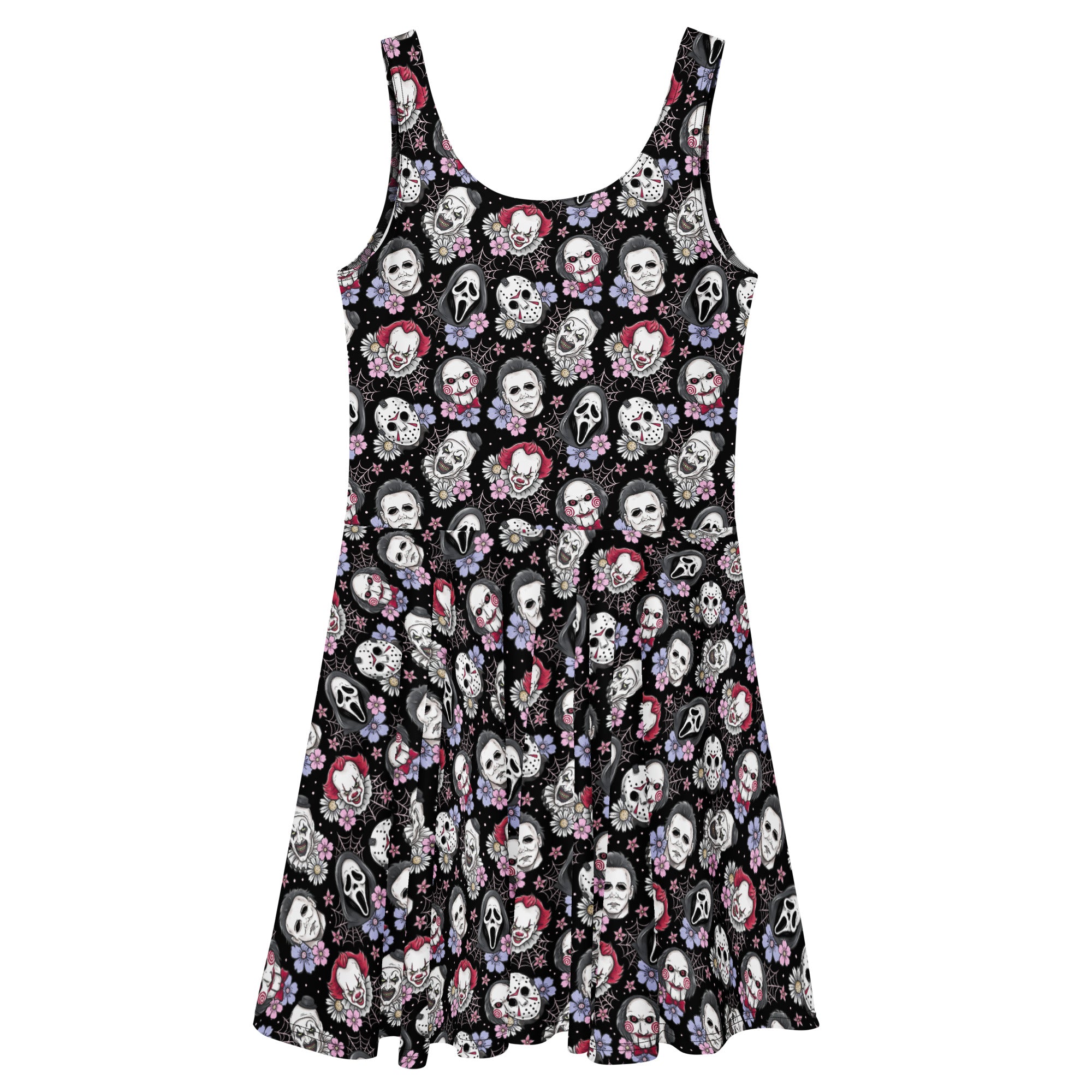 Black and pink horror movie villain skater dress with graphic print, made in Latvia, featuring a stylish all-over pattern.