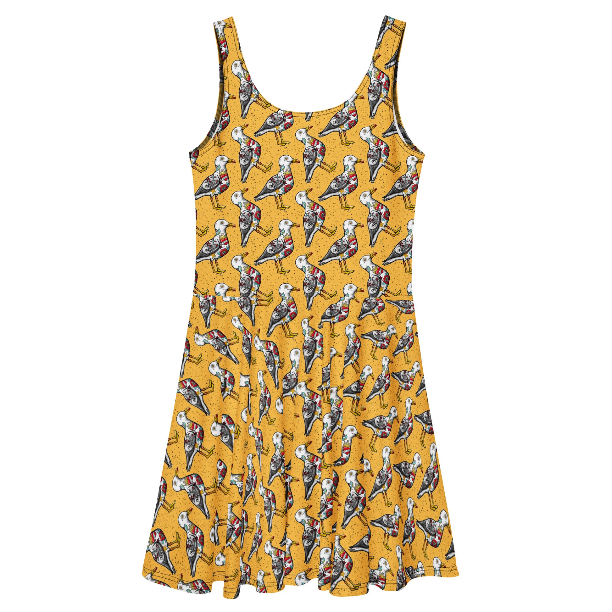 Yellow Nautigul print skater dress by Printful, with all-over colorful nautical designs, shown from the back.