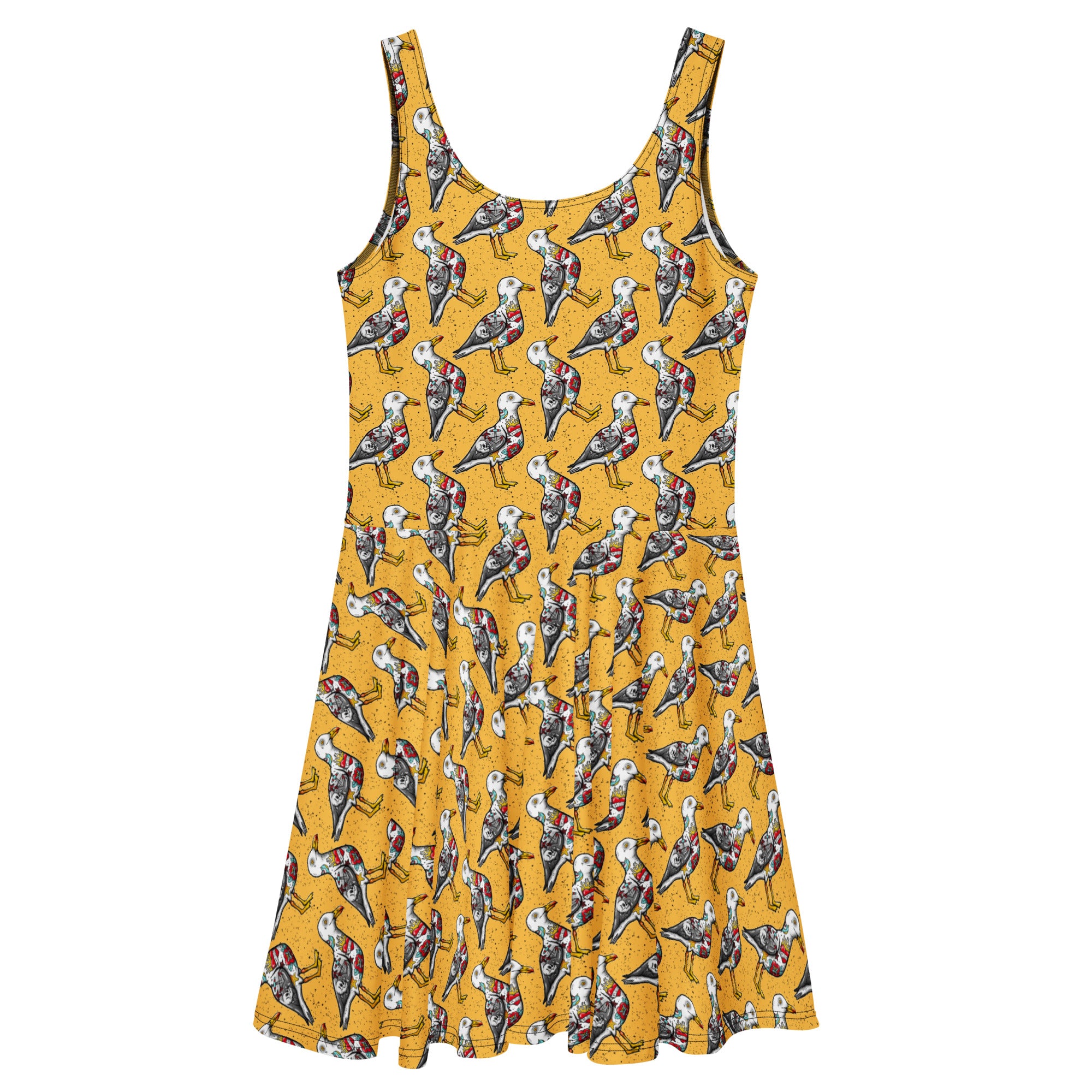 Yellow Nautigul print skater dress by Printful, with all-over colorful nautical designs, shown from the back.