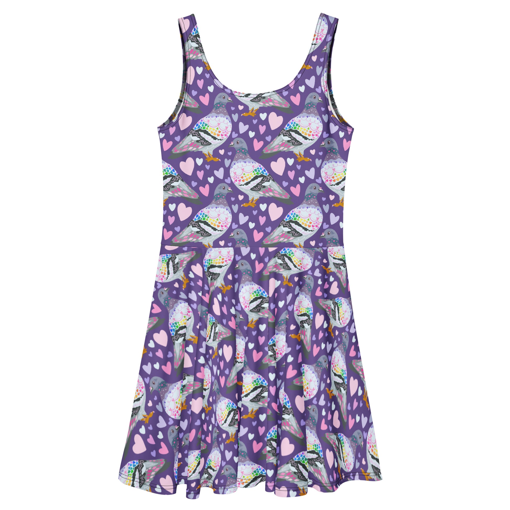 White Pigeon Love skater dress with all-over print, featuring a stylish cut-sew design from Printful.