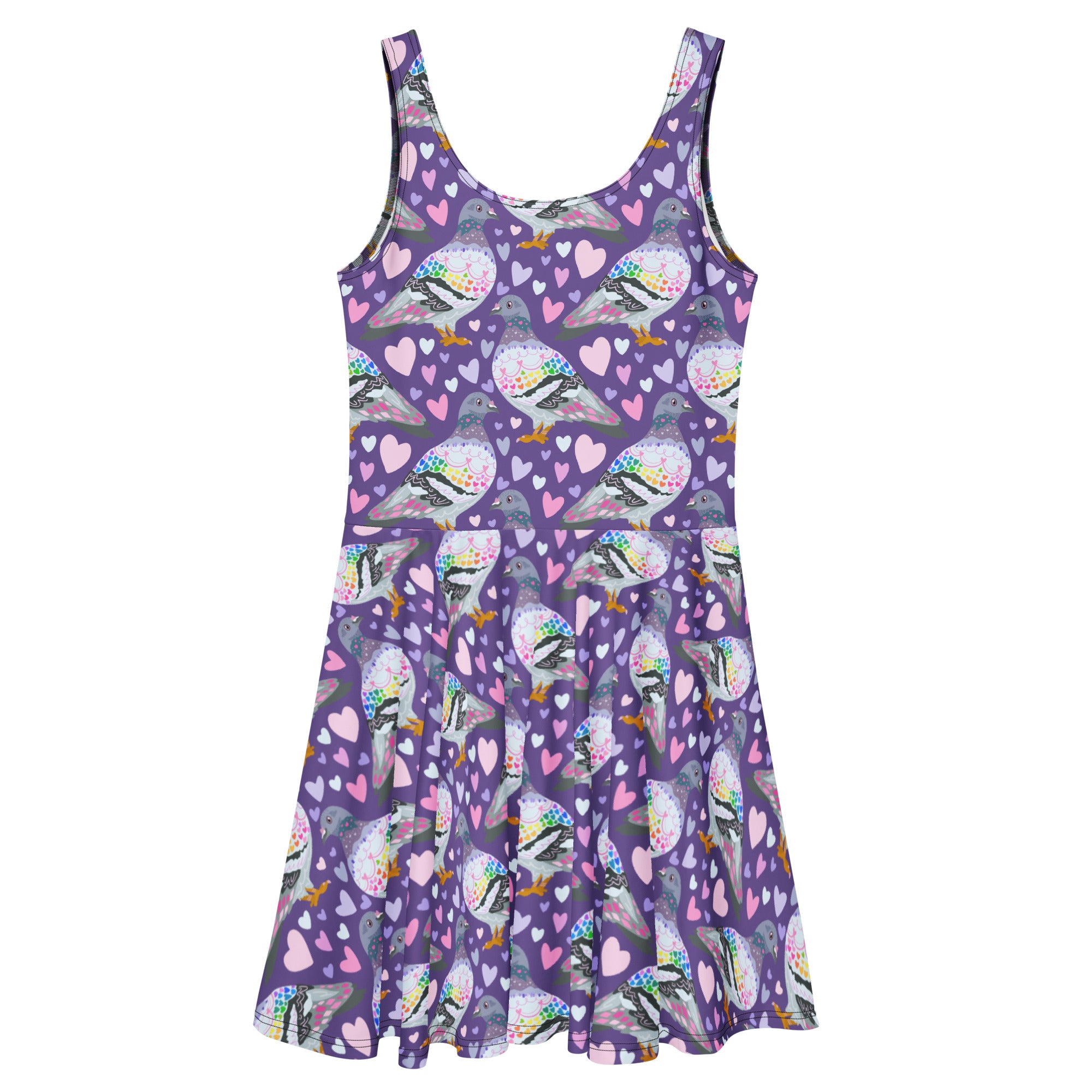 White Pigeon Love skater dress with all-over print, featuring a stylish cut-sew design from Printful.